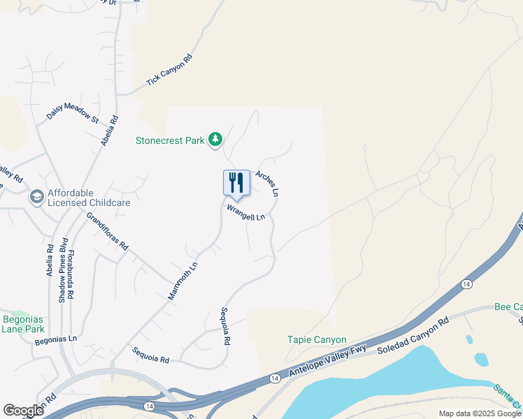 map of restaurants, bars, coffee shops, grocery stores, and more near 14221 Wrangell Lane in Santa Clarita