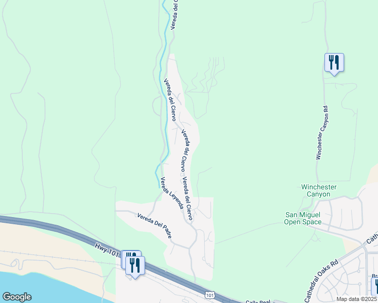 map of restaurants, bars, coffee shops, grocery stores, and more near 386 Vereda del Ciervo in Goleta