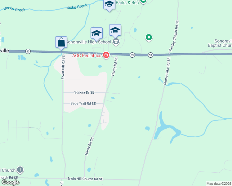 map of restaurants, bars, coffee shops, grocery stores, and more near 254 Bud Hardy Road Southeast in Calhoun