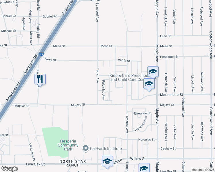map of restaurants, bars, coffee shops, grocery stores, and more near 10609 Palomino Avenue in Hesperia