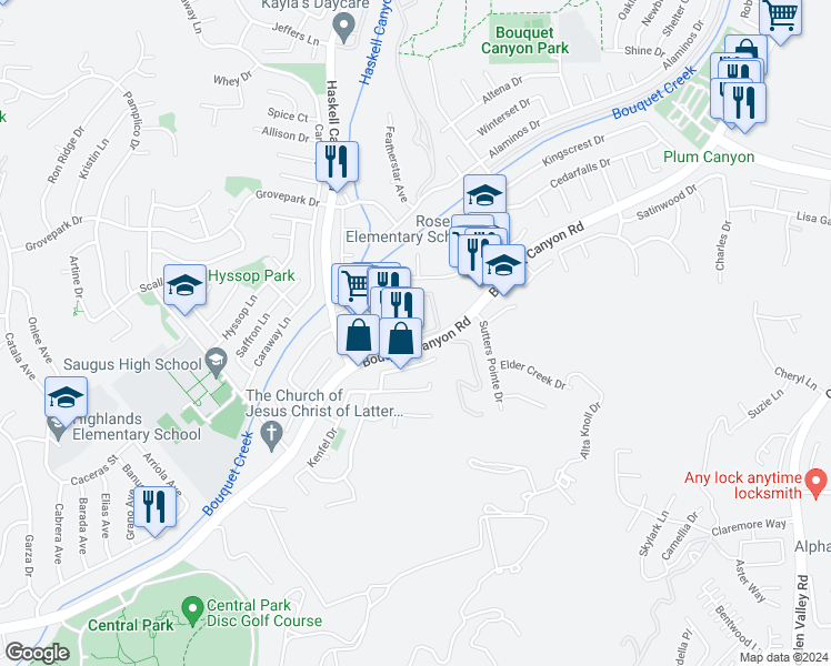 map of restaurants, bars, coffee shops, grocery stores, and more near in Santa Clarita