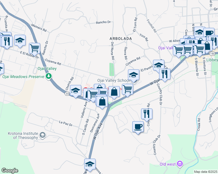 map of restaurants, bars, coffee shops, grocery stores, and more near 1001 Creekside Way in Ojai
