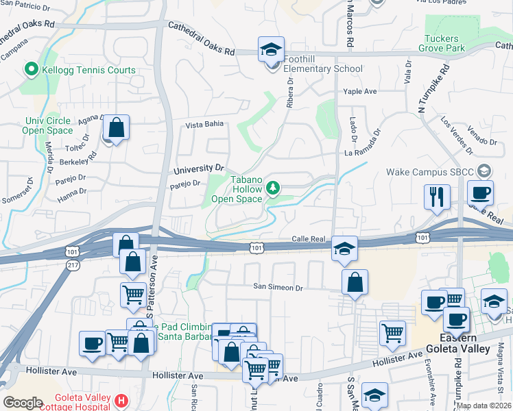 map of restaurants, bars, coffee shops, grocery stores, and more near 5126 Matorral Way in Santa Barbara