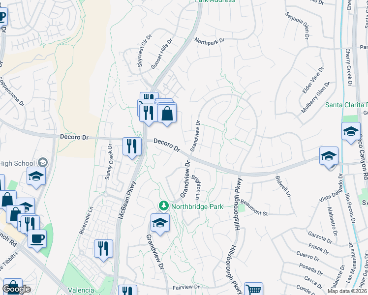 map of restaurants, bars, coffee shops, grocery stores, and more near 27503 Woodfield Place in Santa Clarita