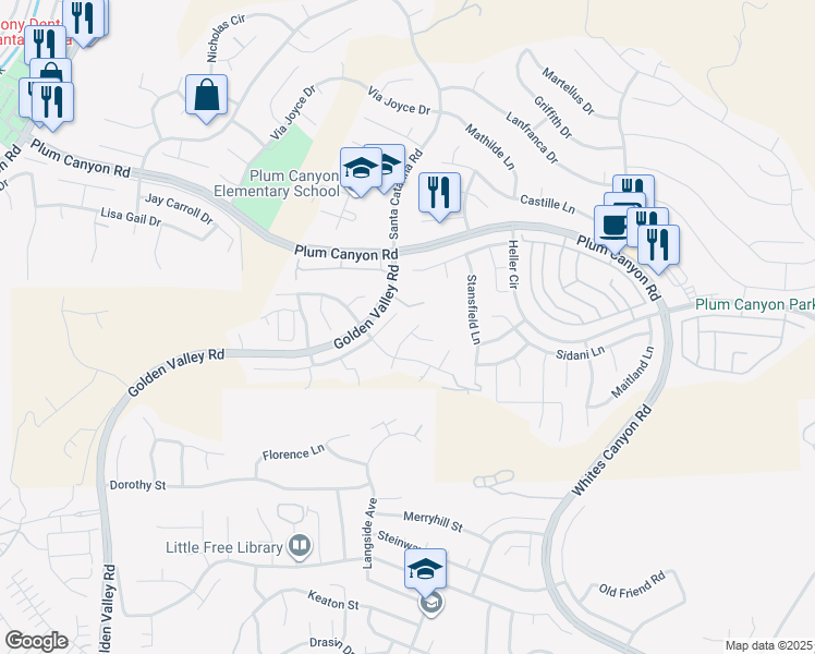 map of restaurants, bars, coffee shops, grocery stores, and more near 19819 Melissa Lane in Santa Clarita