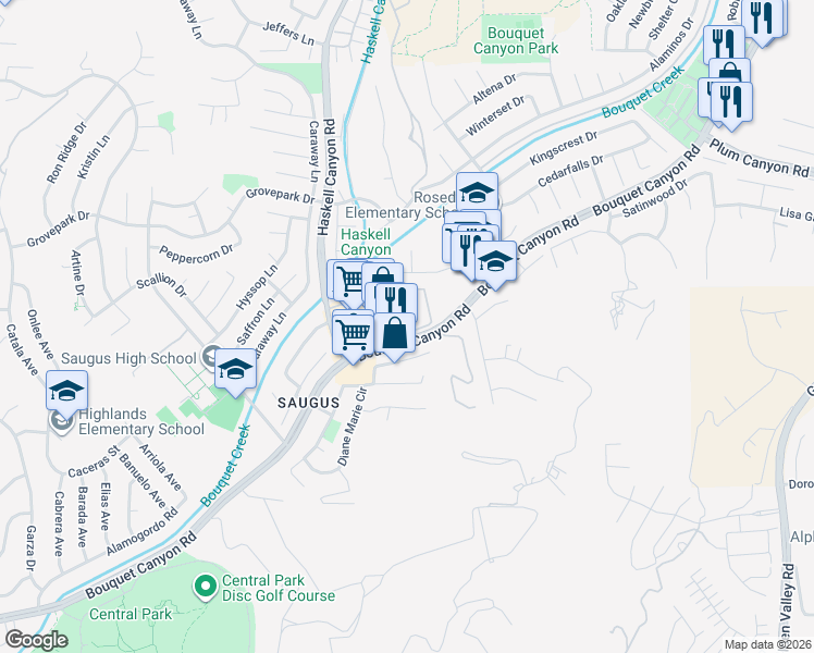 map of restaurants, bars, coffee shops, grocery stores, and more near 27614 Susan Beth Way in Santa Clarita