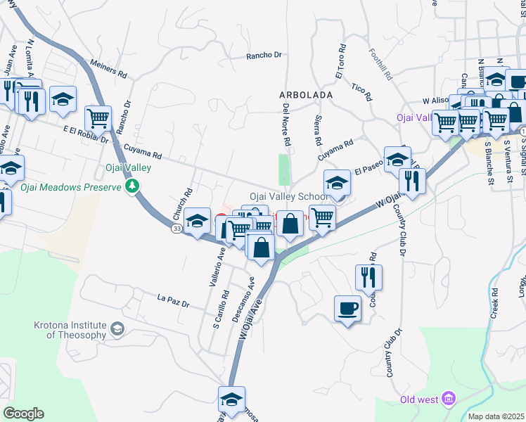 map of restaurants, bars, coffee shops, grocery stores, and more near 202 North Carrillo Road in Ojai