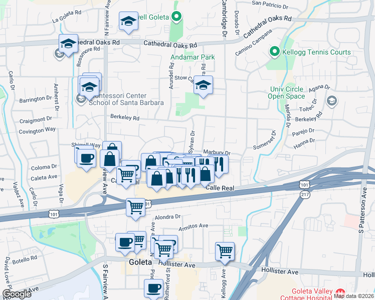map of restaurants, bars, coffee shops, grocery stores, and more near 205 Sylvan Drive in Goleta