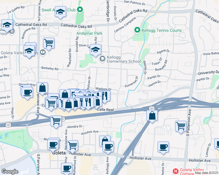 map of restaurants, bars, coffee shops, grocery stores, and more near 5636 Kent Place in Goleta