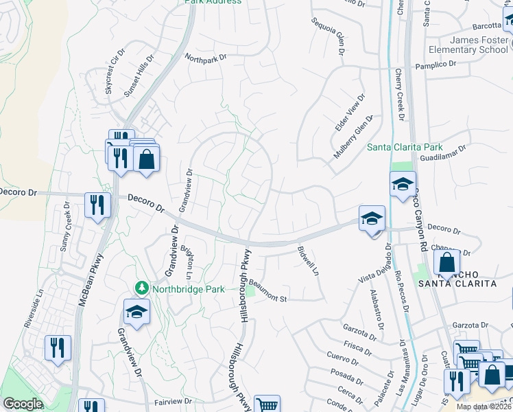 map of restaurants, bars, coffee shops, grocery stores, and more near 27457 Hillcrest Place in Santa Clarita