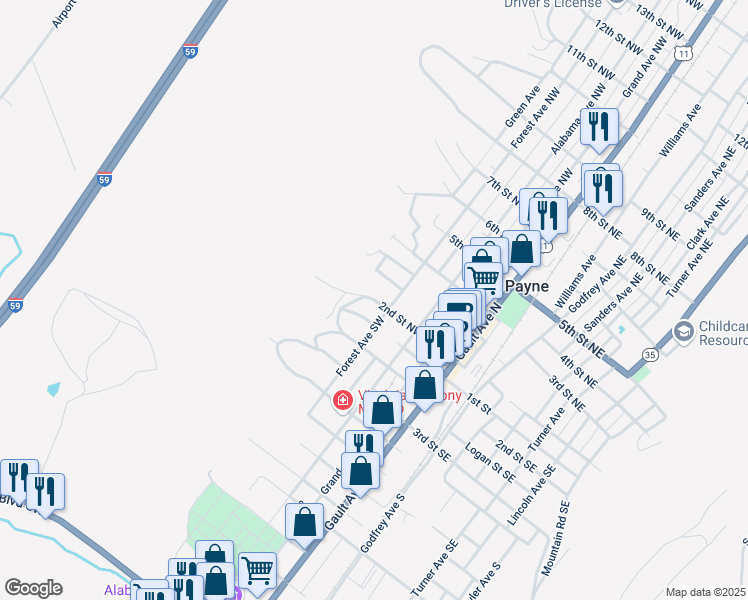 map of restaurants, bars, coffee shops, grocery stores, and more near 2nd Street Northwest in Fort Payne