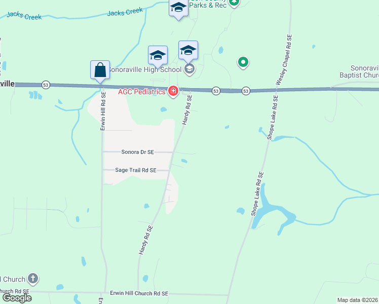 map of restaurants, bars, coffee shops, grocery stores, and more near 198 Bud Hardy Road Southeast in Calhoun