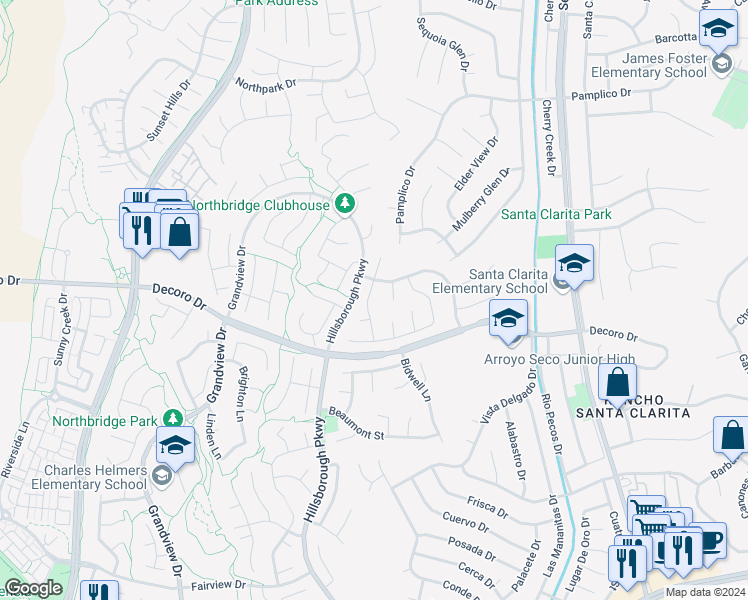 map of restaurants, bars, coffee shops, grocery stores, and more near 27344 Weathersfield Drive in Santa Clarita