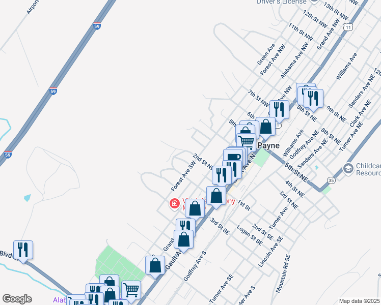 map of restaurants, bars, coffee shops, grocery stores, and more near 2nd Street Northwest in Fort Payne