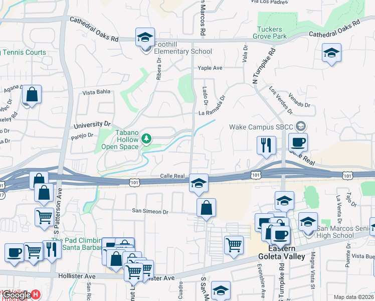 map of restaurants, bars, coffee shops, grocery stores, and more near 5028 Birchwood Road in Santa Barbara