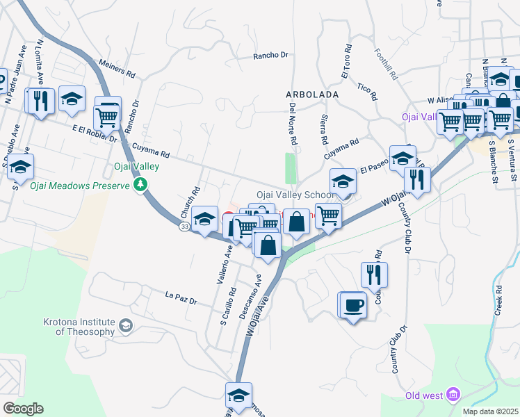 map of restaurants, bars, coffee shops, grocery stores, and more near 1068 Cuyama Road in Ojai