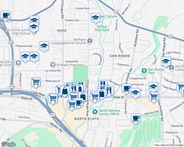 map of restaurants, bars, coffee shops, grocery stores, and more near 3702 Lincolnwood Drive in Santa Barbara