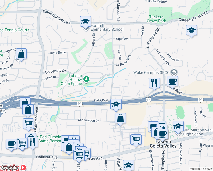 map of restaurants, bars, coffee shops, grocery stores, and more near 283 Aspen Way in Santa Barbara
