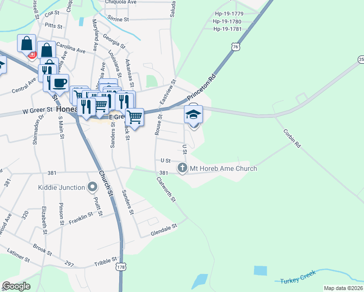 map of restaurants, bars, coffee shops, grocery stores, and more near 107 Wilkerson Boulevard in Honea Path