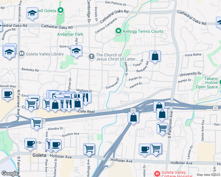 map of restaurants, bars, coffee shops, grocery stores, and more near 5575 Somerset Dr in Santa Barbara