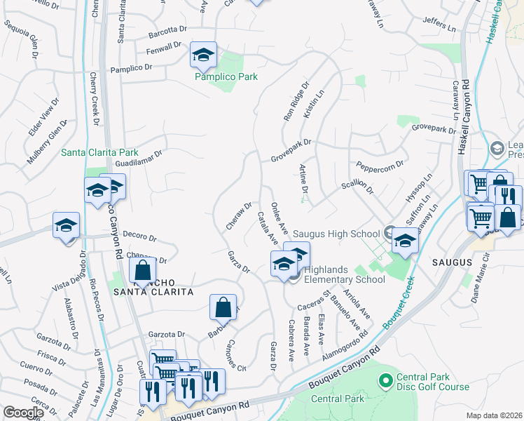 map of restaurants, bars, coffee shops, grocery stores, and more near 27440 Catala Avenue in Santa Clarita