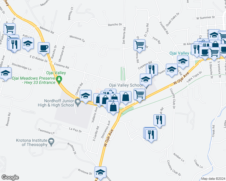 map of restaurants, bars, coffee shops, grocery stores, and more near 1103 Creekside Way in Ojai