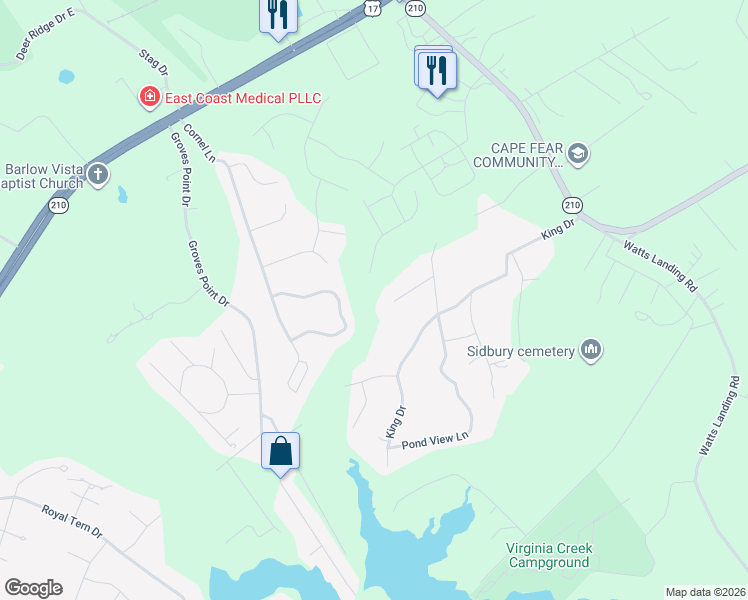 map of restaurants, bars, coffee shops, grocery stores, and more near 120 Roughleaf Trail in Hampstead