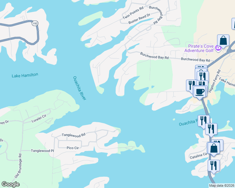 map of restaurants, bars, coffee shops, grocery stores, and more near 153 Bridgewater Point in Hot Springs