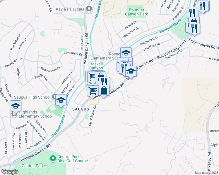 map of restaurants, bars, coffee shops, grocery stores, and more near 27618 Susan Beth Way in Santa Clarita