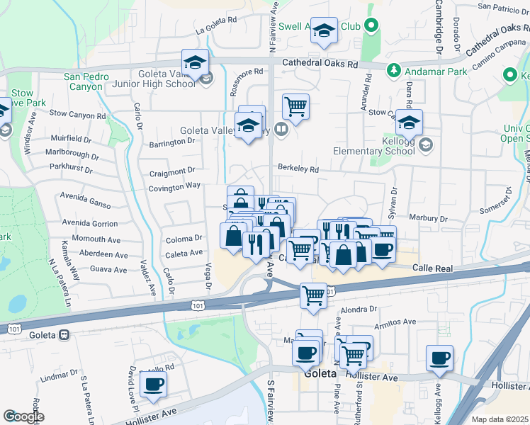 map of restaurants, bars, coffee shops, grocery stores, and more near 299 North Fairview Avenue in Goleta