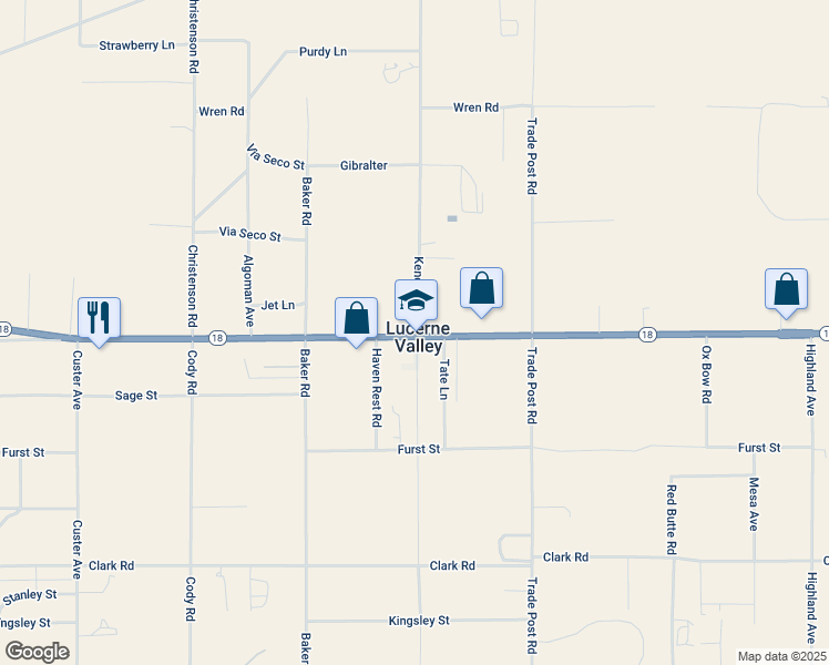 map of restaurants, bars, coffee shops, grocery stores, and more near in Lucerne Valley