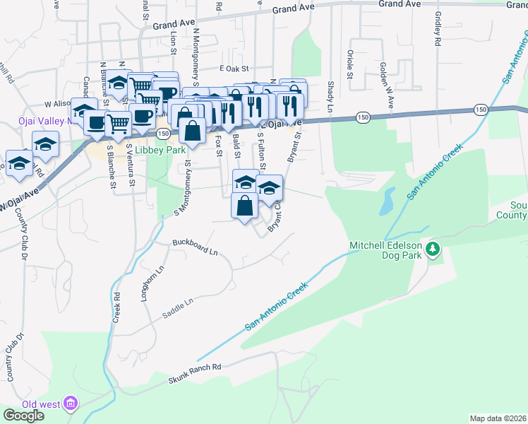map of restaurants, bars, coffee shops, grocery stores, and more near 428 Bryant Circle in Ojai