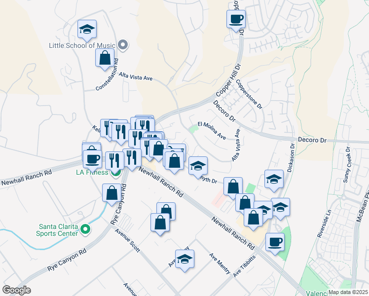 map of restaurants, bars, coffee shops, grocery stores, and more near 28043 Serra Lane in Santa Clarita