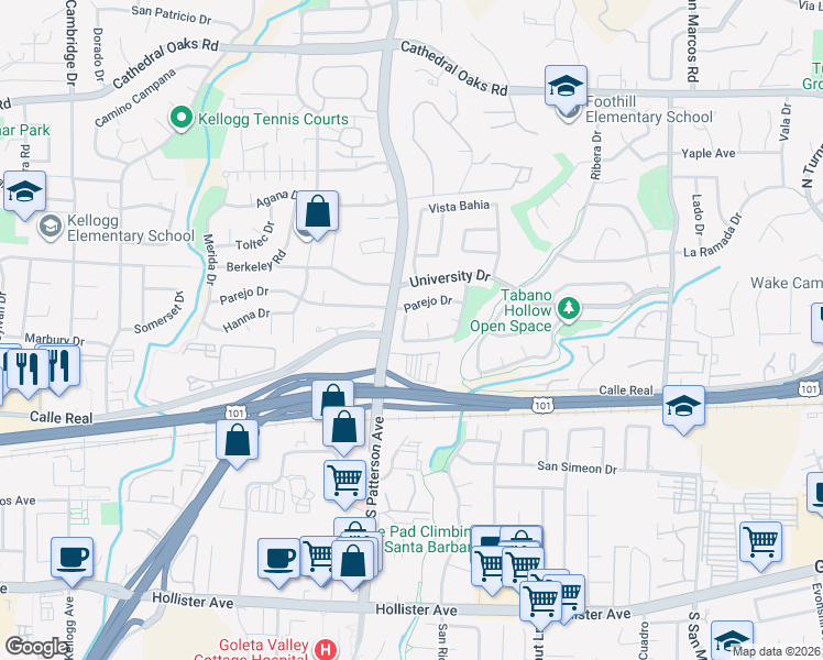 map of restaurants, bars, coffee shops, grocery stores, and more near 5245 Parejo Drive in Santa Barbara