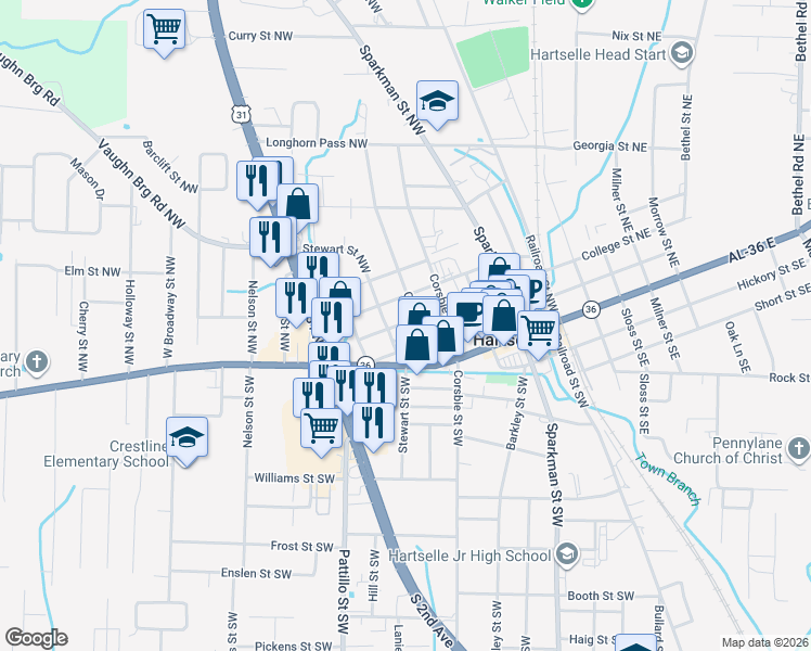 map of restaurants, bars, coffee shops, grocery stores, and more near 308 Stewart Street Northwest in Hartselle