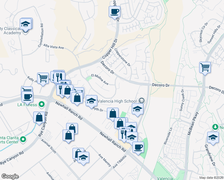 map of restaurants, bars, coffee shops, grocery stores, and more near 24303 Las Palmas Street in Santa Clarita