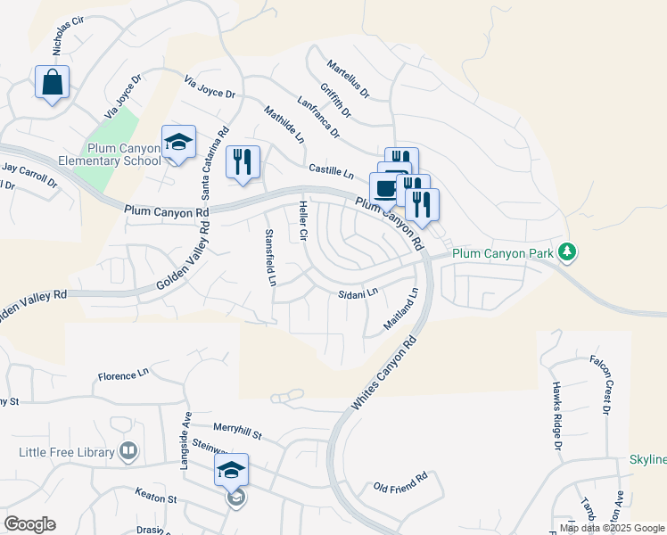 map of restaurants, bars, coffee shops, grocery stores, and more near 19436 Laroda Lane in Santa Clarita
