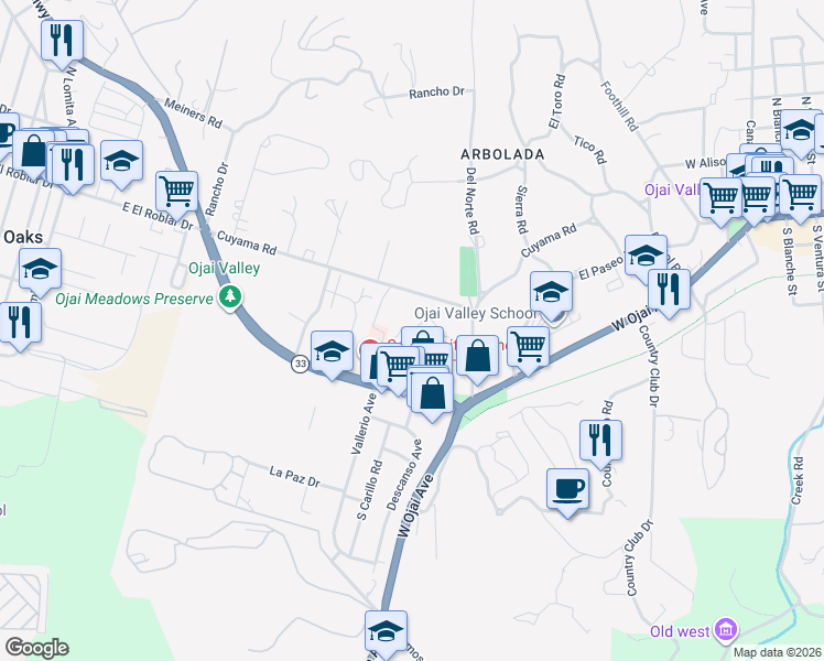 map of restaurants, bars, coffee shops, grocery stores, and more near 410 Church Road in Ojai