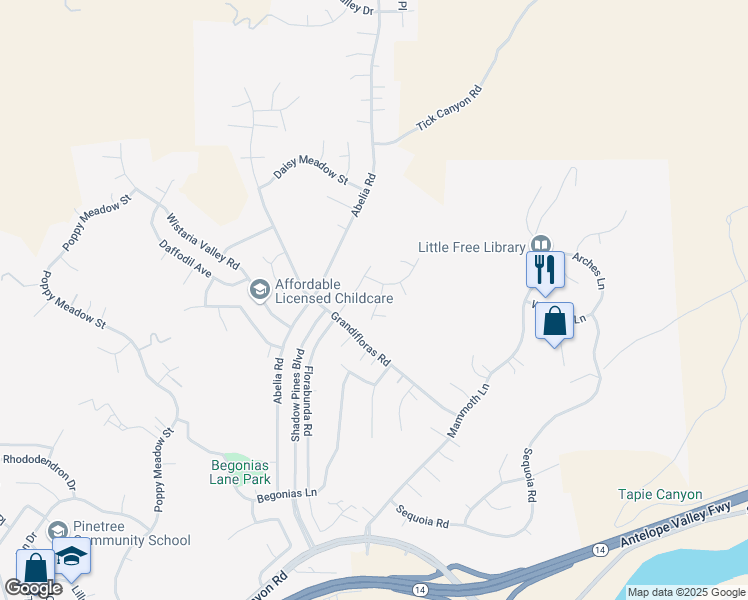 map of restaurants, bars, coffee shops, grocery stores, and more near 29730 Grand Canyon Road in Santa Clarita