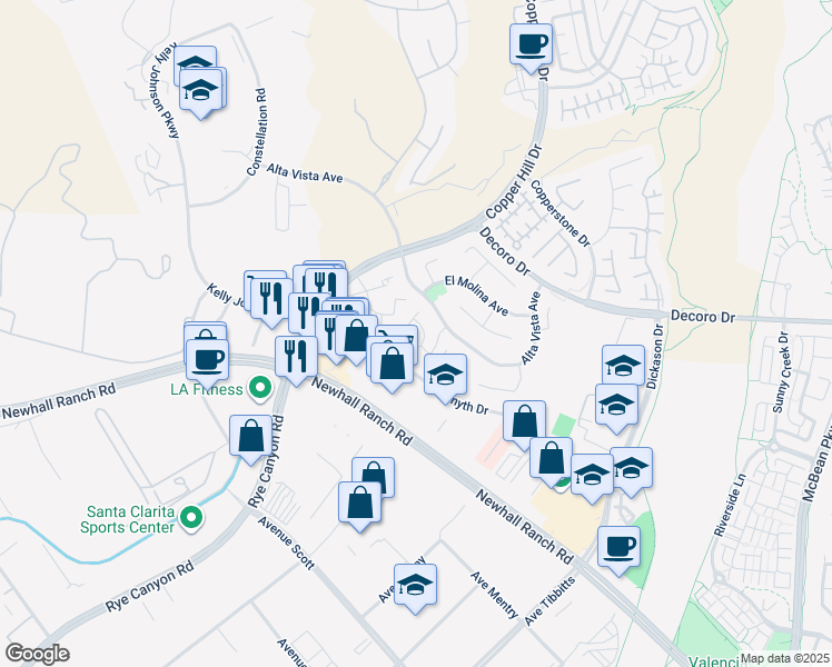 map of restaurants, bars, coffee shops, grocery stores, and more near 24378 Allegra Way in Santa Clarita