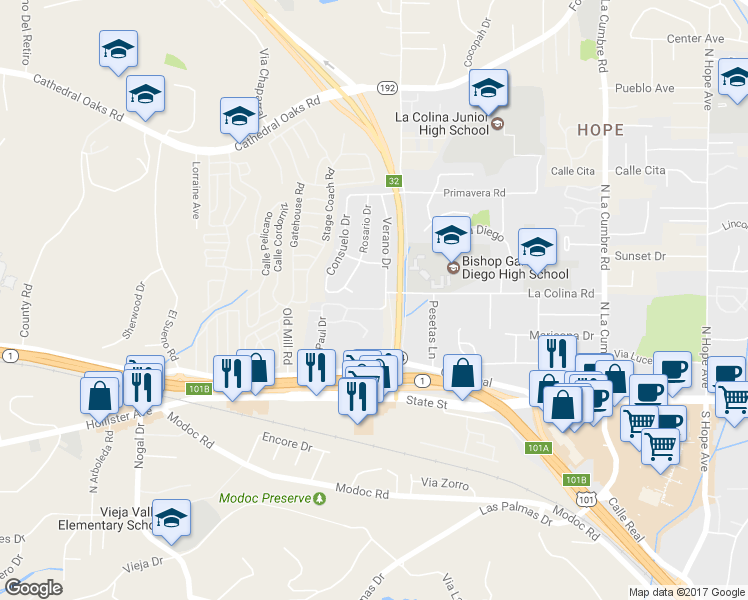 map of restaurants, bars, coffee shops, grocery stores, and more near 340 Rosario Drive in Santa Barbara