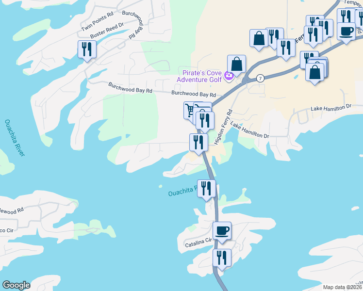 map of restaurants, bars, coffee shops, grocery stores, and more near 150 Peters Point in Hot Springs