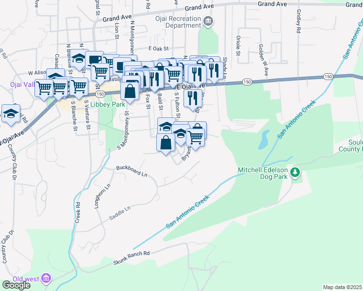 map of restaurants, bars, coffee shops, grocery stores, and more near 403 Bryant Street in Ojai
