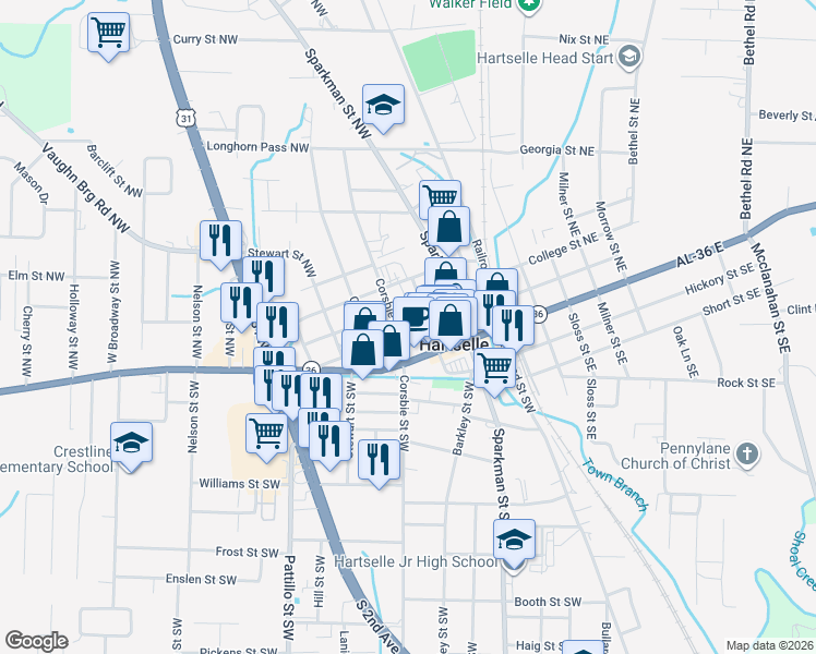 map of restaurants, bars, coffee shops, grocery stores, and more near 308 College Street Northwest in Hartselle
