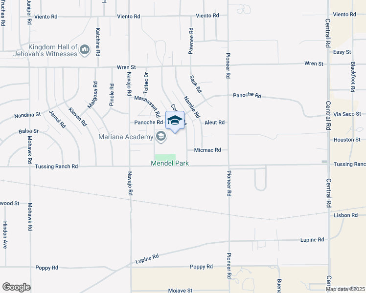 map of restaurants, bars, coffee shops, grocery stores, and more near 10592 Cochiti Road in Apple Valley