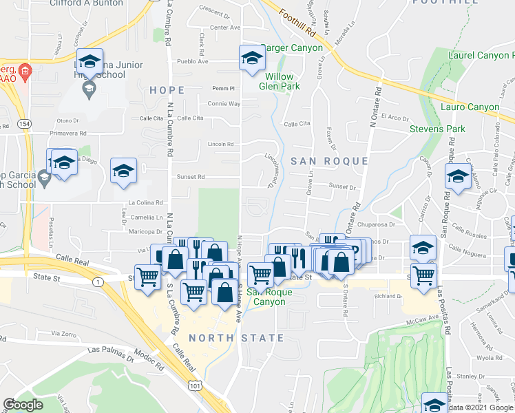map of restaurants, bars, coffee shops, grocery stores, and more near 296 North Hope Avenue in Santa Barbara