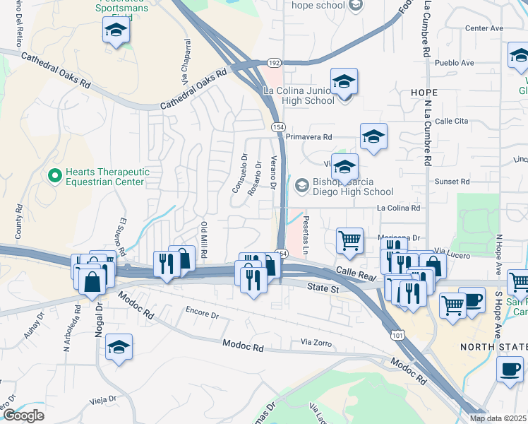 map of restaurants, bars, coffee shops, grocery stores, and more near 340 Rosario Drive in Santa Barbara