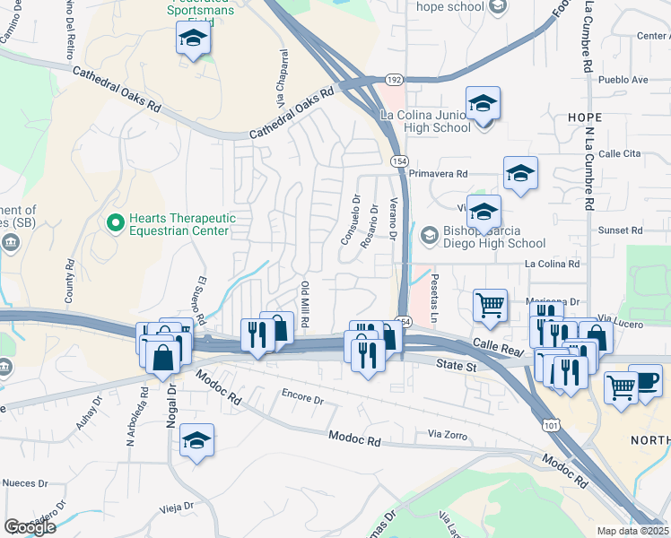 map of restaurants, bars, coffee shops, grocery stores, and more near 314 Consuelo Drive in Santa Barbara