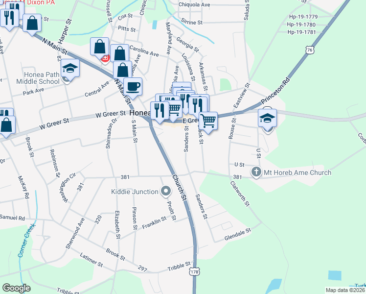 map of restaurants, bars, coffee shops, grocery stores, and more near 14 Sanders Street in Honea Path