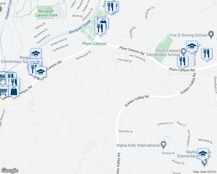 map of restaurants, bars, coffee shops, grocery stores, and more near 20546 Brookie Lane in Santa Clarita